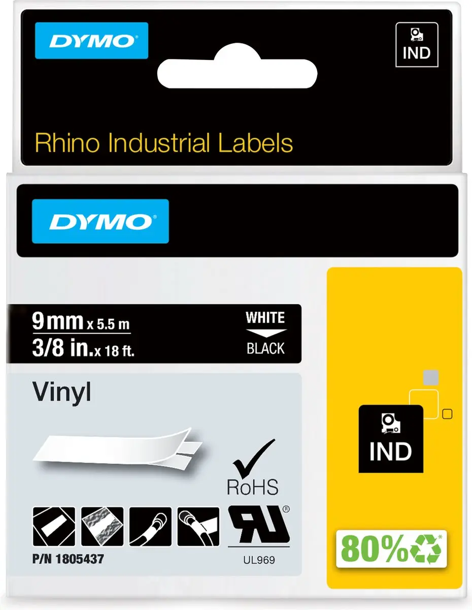 DYMO Rhino 1805437 Zelfklevende Labels 9mm x 5,5m - Wit op Zwart