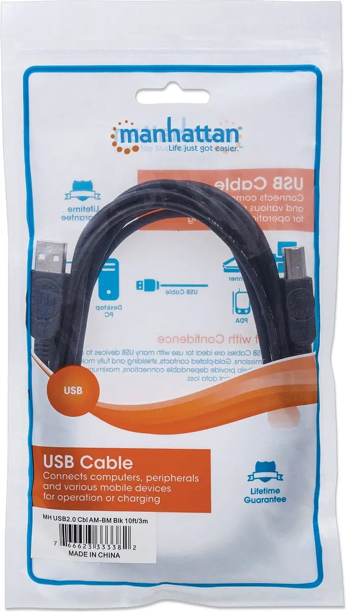 Manhattan USB 2.0 A Male naar B Male Kabel - 3m - Zwart