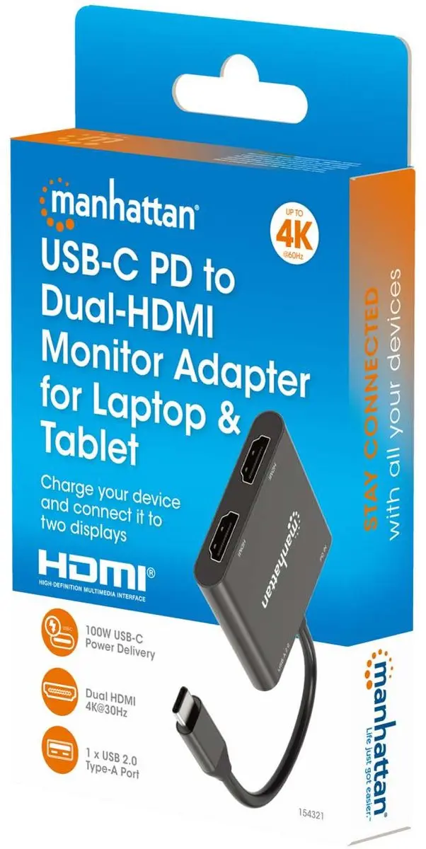 Manhattan USB-C naar 4x HDMI Adapter 15cm - Zwart
