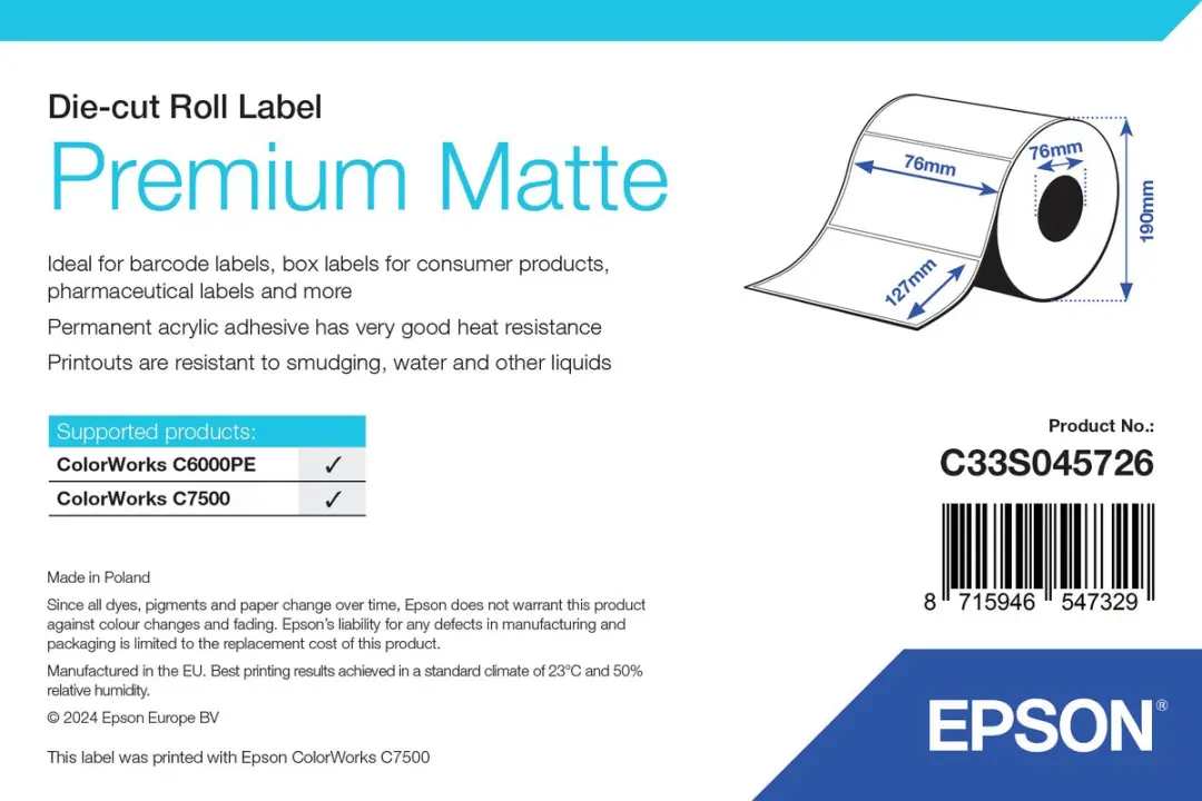 Epson Premium Matte Label Die-cut 76x127mm - 960 Stuks Wit - afbeelding 2 van 2