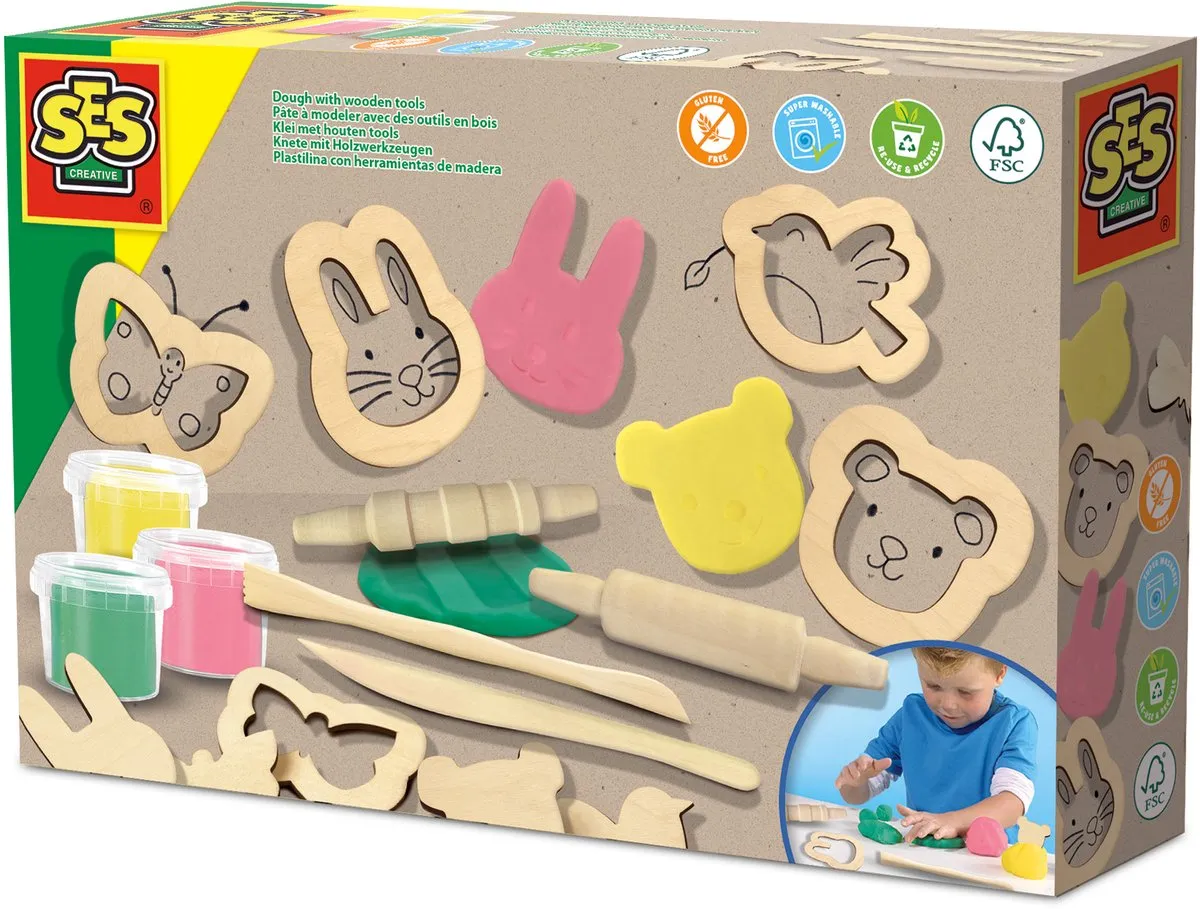 SES Creative Eco Klei Set - 3x90g Houten Tools - Vegan