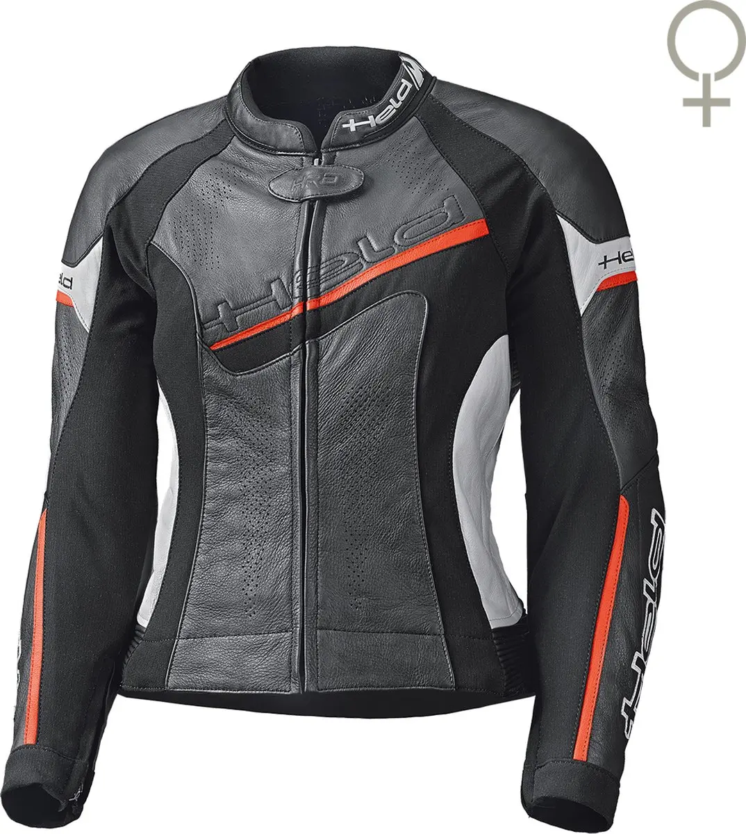 Held Debbie II Geperforeerd Dames Zwart Wit Rood Leren Motorjas