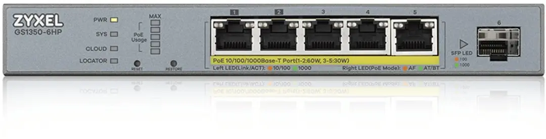 Schakelaar ZyXEL GS1350-6HP-EU0101F 5 Gb 60W 6 Poorten Grijs