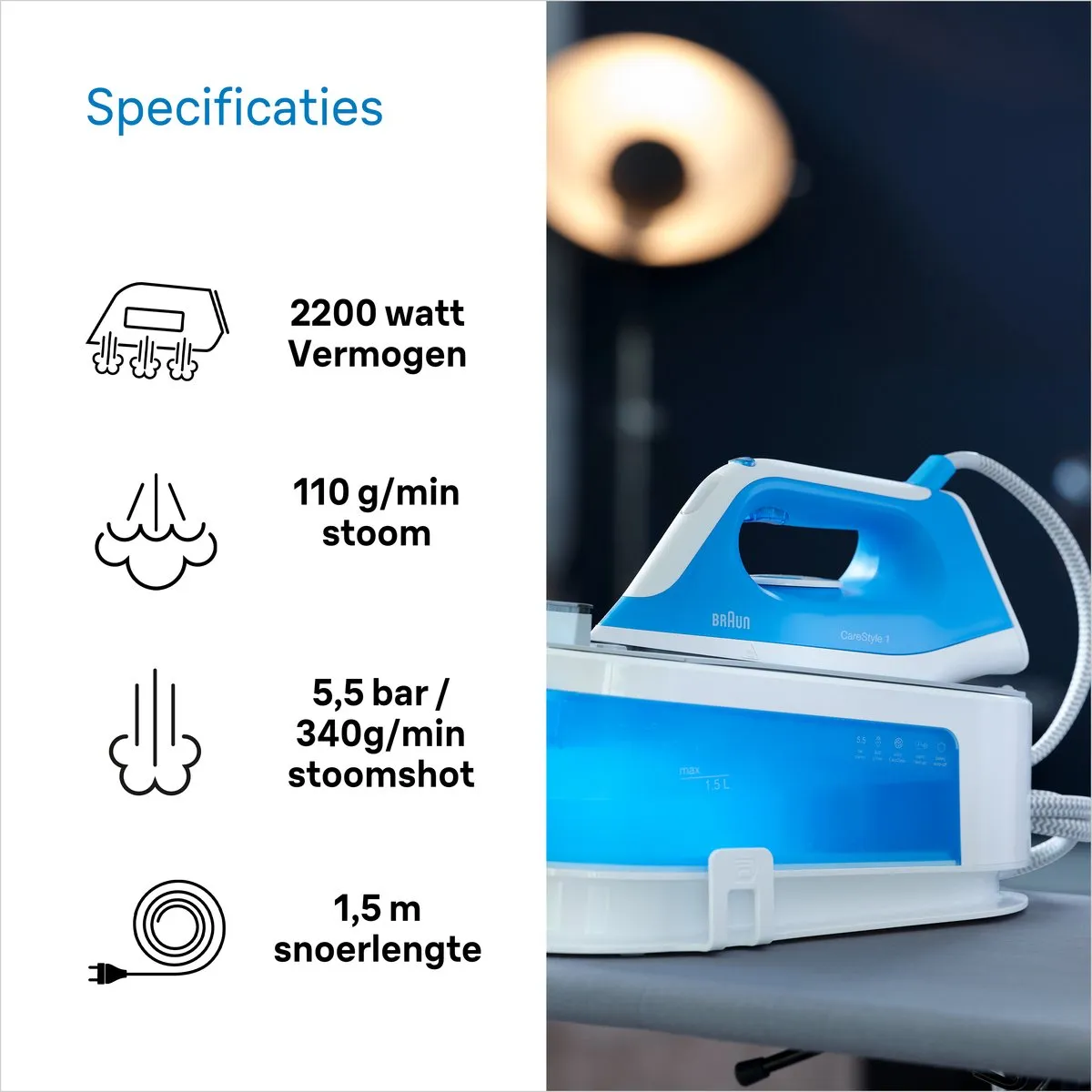 Braun CareStyle 1 IS1012BL Stoomgenerator - 2400W - 1500ml - Blauw