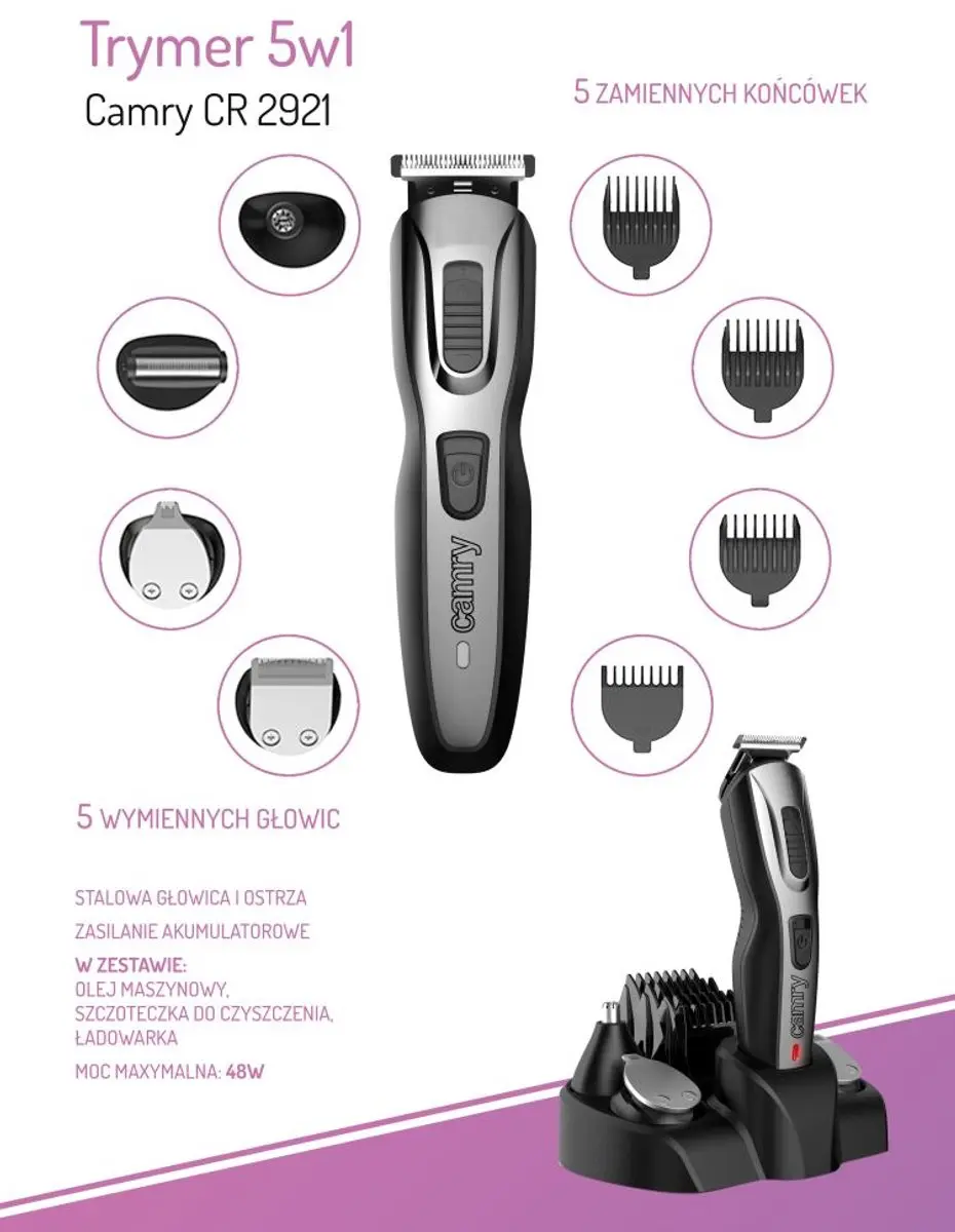 Camry CR2921 Trimmer 5-in-1 - 5 Opzetstukken - Zwart/Grijs - afbeelding 3 van 6