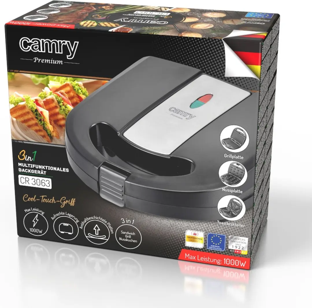 Camry CR 3063 Multifunctioneel Tostiijzer/Grill 3-in-1 1000W - Zwart - afbeelding 3 van 6