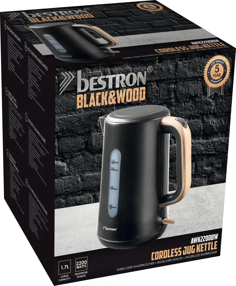 Bestron AWK2200BW Waterkoker 2200W 1,7L - Zwart/Hout - afbeelding 5 van 6