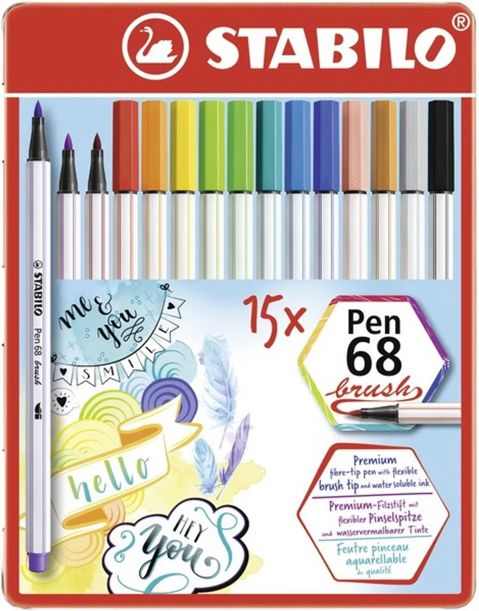 STABILO Pen 68 Brush Premium Viltstift - 15 Kleuren - Metaal Etui