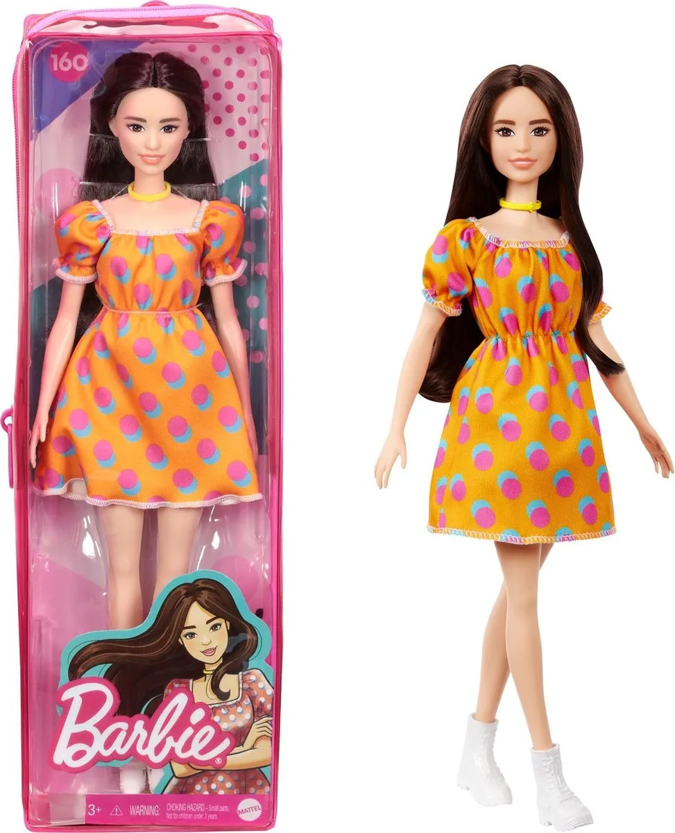 Barbie Fashionista FBR37/GRB52 Pop - Polka Dots Off-Shoulder Jurkje - Oranje/Wit/Geel