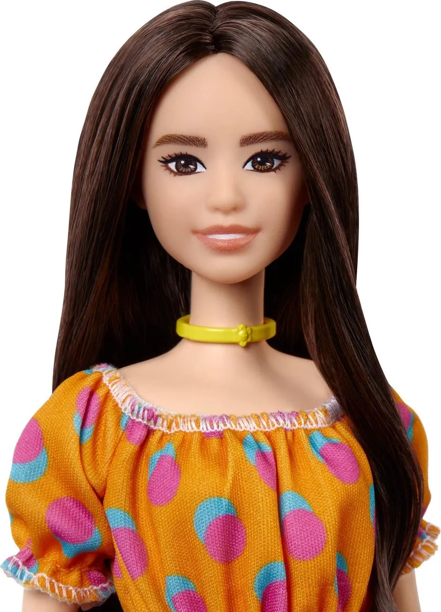 Barbie Fashionista FBR37/GRB52 Pop - Polka Dots Off-Shoulder Jurkje - Oranje/Wit/Geel