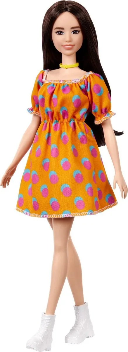 Barbie Fashionista FBR37/GRB52 Pop - Polka Dots Off-Shoulder Jurkje - Oranje/Wit/Geel