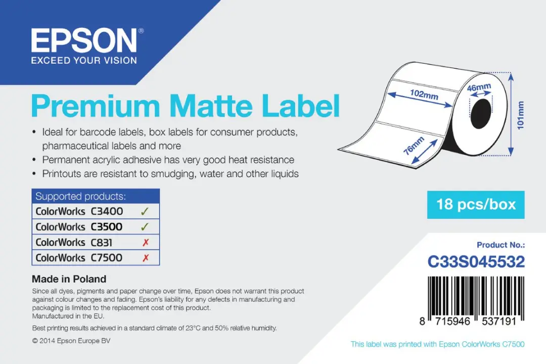 Epson Premium Matte Label C33S045532 - 102x76mm 440 Stuks Wit