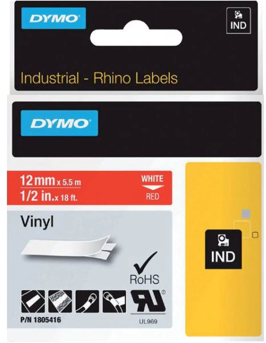 DYMO Rhino 1805416 Zelfklevende Labels 12mm x 5,5m - Wit op Rood