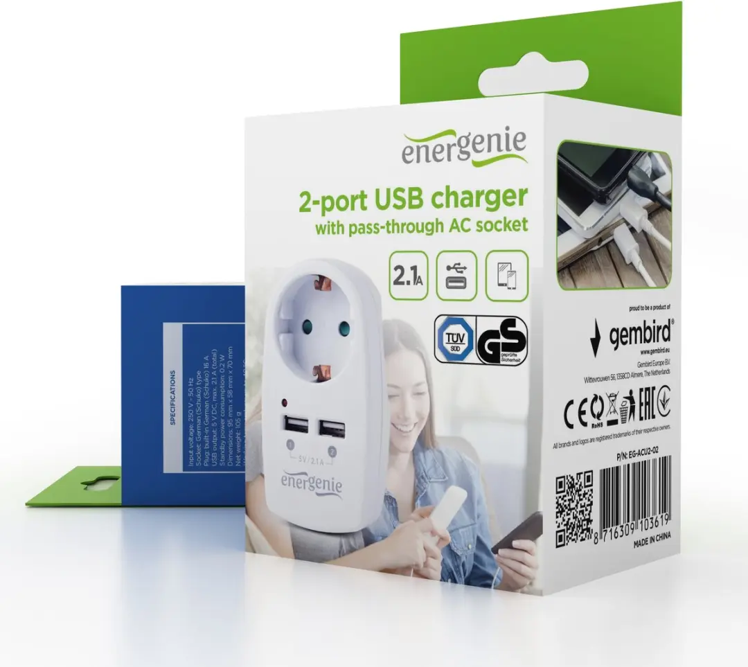 Energenie EG-ACU2-02 Doorvoerstekker - 1x230V + 2xUSB 2,1A Wit - afbeelding 2 van 3