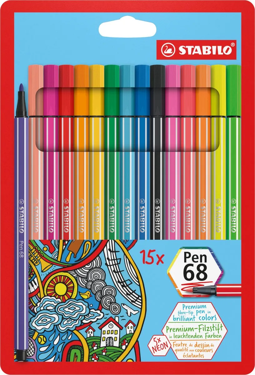STABILO Pen 68 Premium Viltstiften - 15 Stuks (10 Standaard + 5 Neon)
