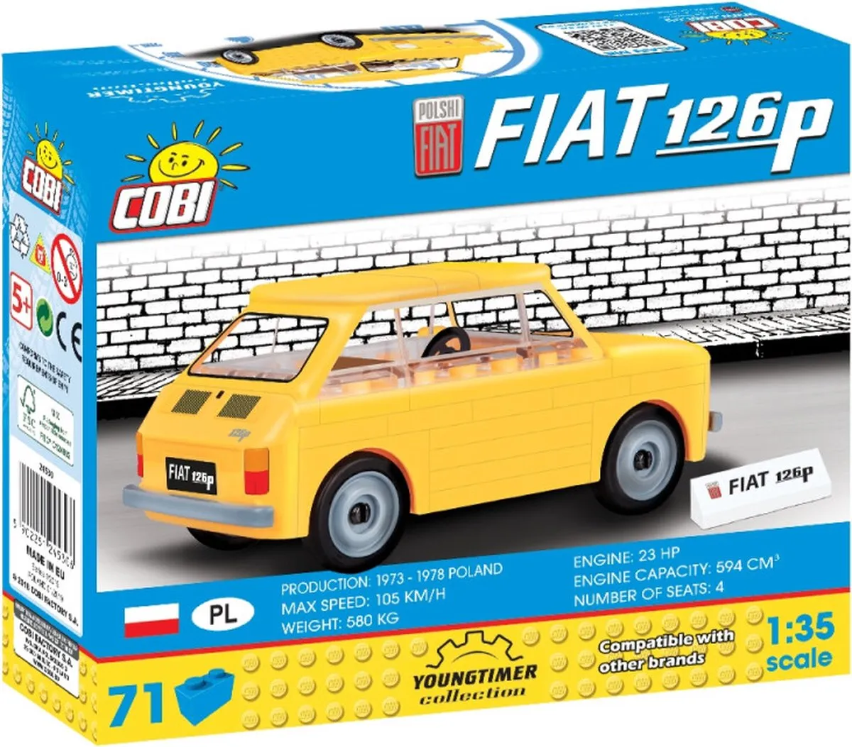 Cobi Youngtimer Fiat 126p Bouwpakket 1:35 - Geel - 71-delig