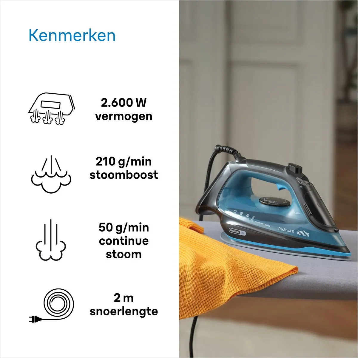 Braun TexStyle 5 SI5256BL - Stoomstrijkijzer - Glijdt Moeiteloos Achteruit - Zelfreinigend - Blauw