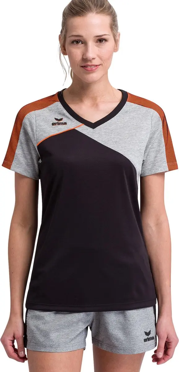 Erima Premium One 2.0 T-Shirt Dames Zwart-Grijs Melange-Neon Oranje Maat 36