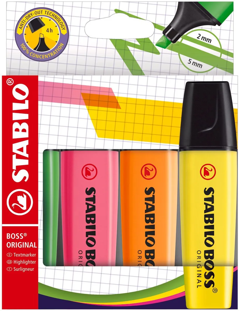 STABILO Boss Original Markeerstift - 4 Stuks - Geel/Oranje/ Groen/Rood
