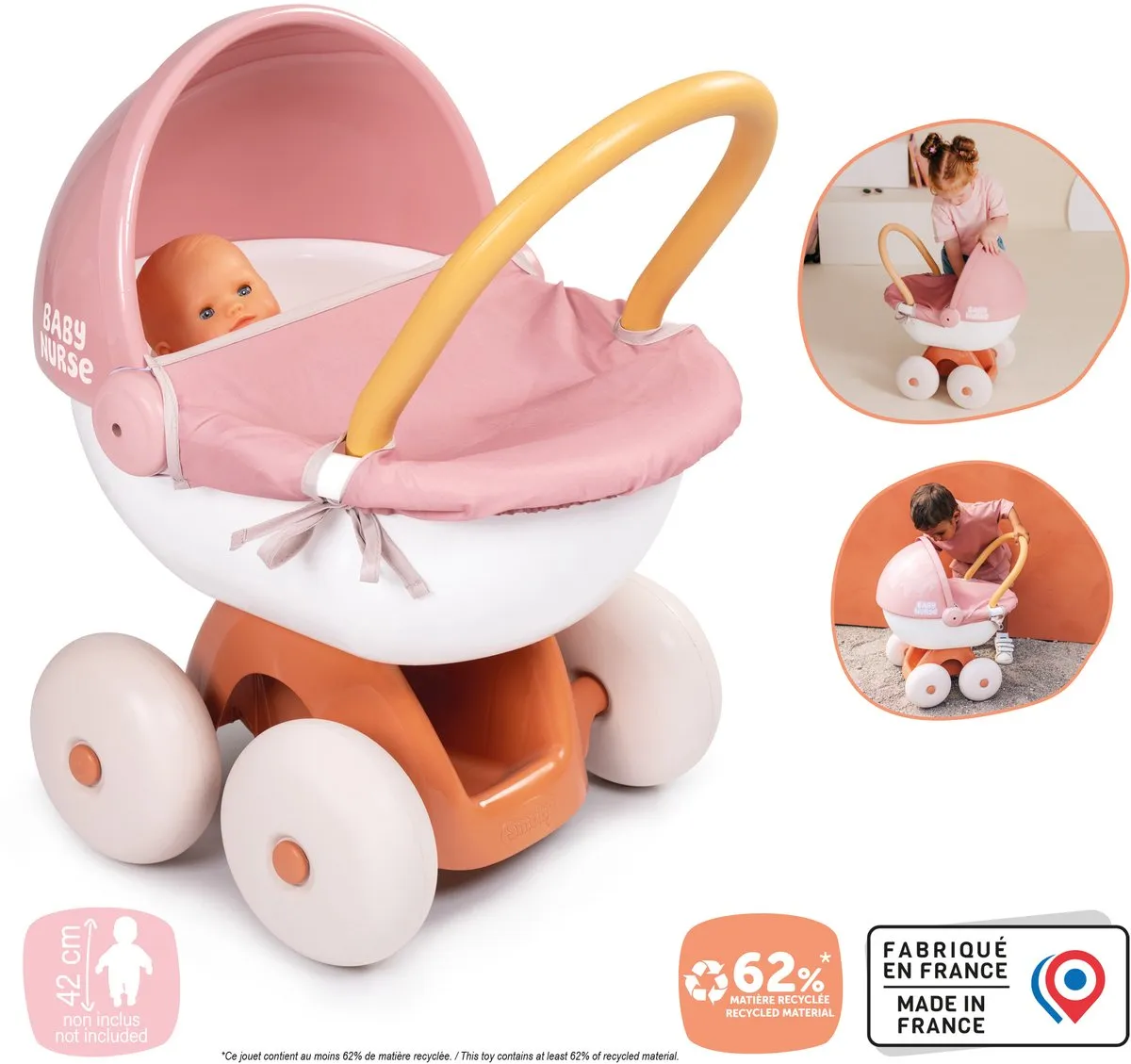 Smoby Baby Nurse Poppenwagen 7600220395 - Oranje/Rose/Wit