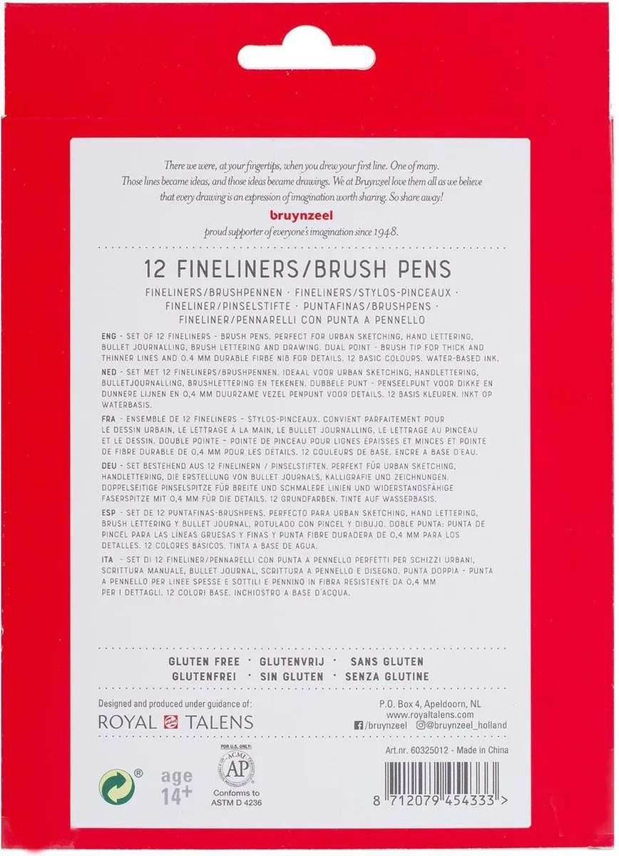 Bruynzeel Creatives Fineliner/Brushpen Set 12 Kleuren - afbeelding 6 van 6