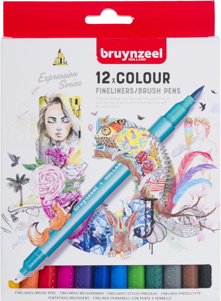 Bruynzeel Creatives Fineliner/Brushpen Set 12 Kleuren