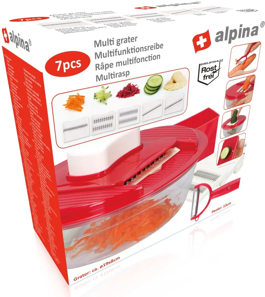 Alpina Multirasp 7-delig - 4 Raspen - Opvangbakje - Wit/Rood - afbeelding 4 van 5