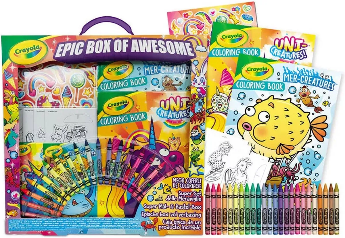 Crayola Epic Box Of Awesome - 4 Kleurboeken 24 Waskrijtjes - Veelkleurig