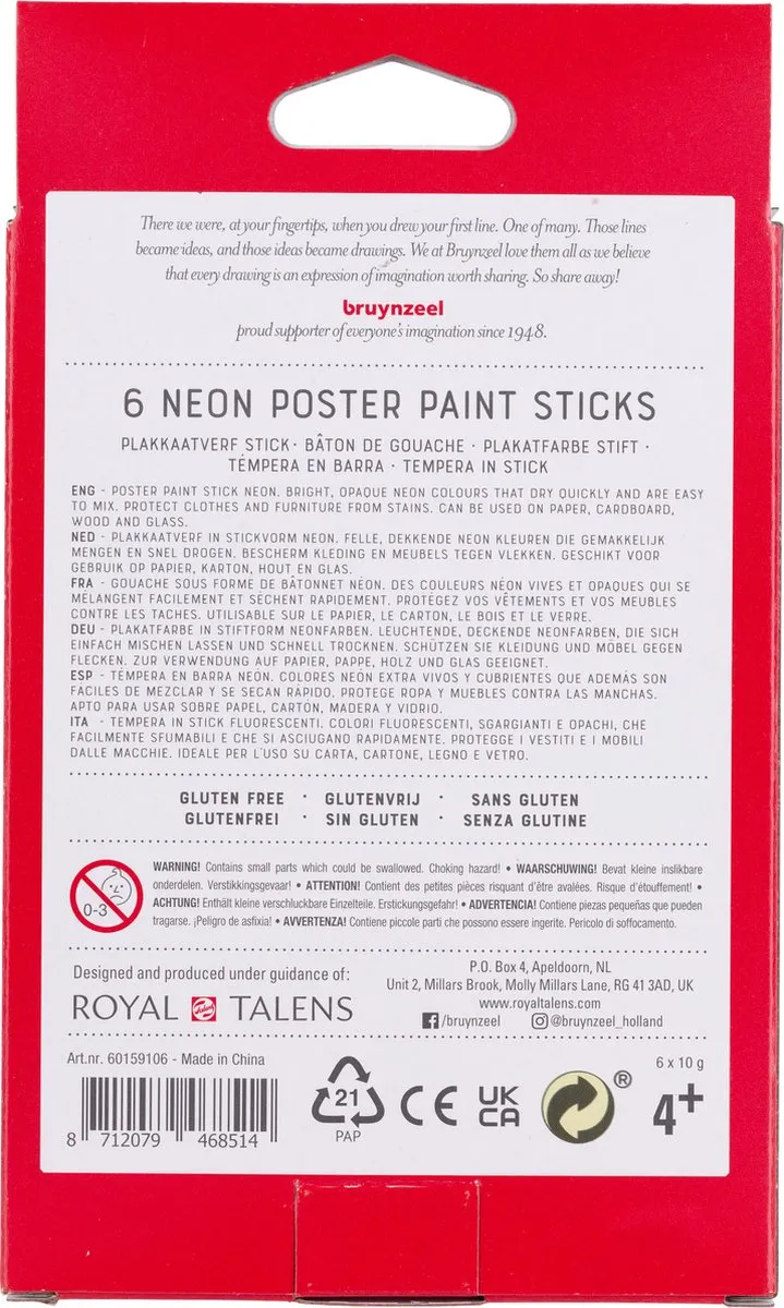 BRUYNZEEL Plakkaatverf Sticks Neon - 6 Kleuren