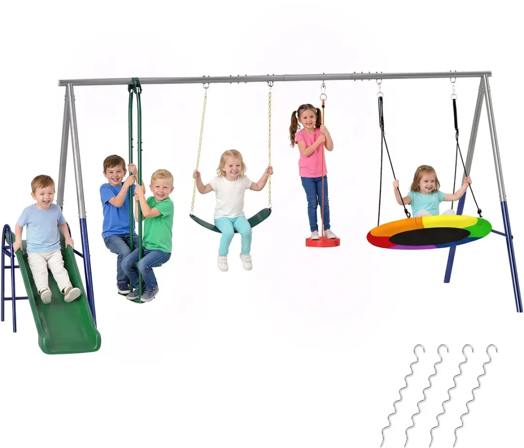 Aiyaplay Kinderschommel en Glijbaanset-Staal, HDPE-382L x 196B x 203H cm-Multico
