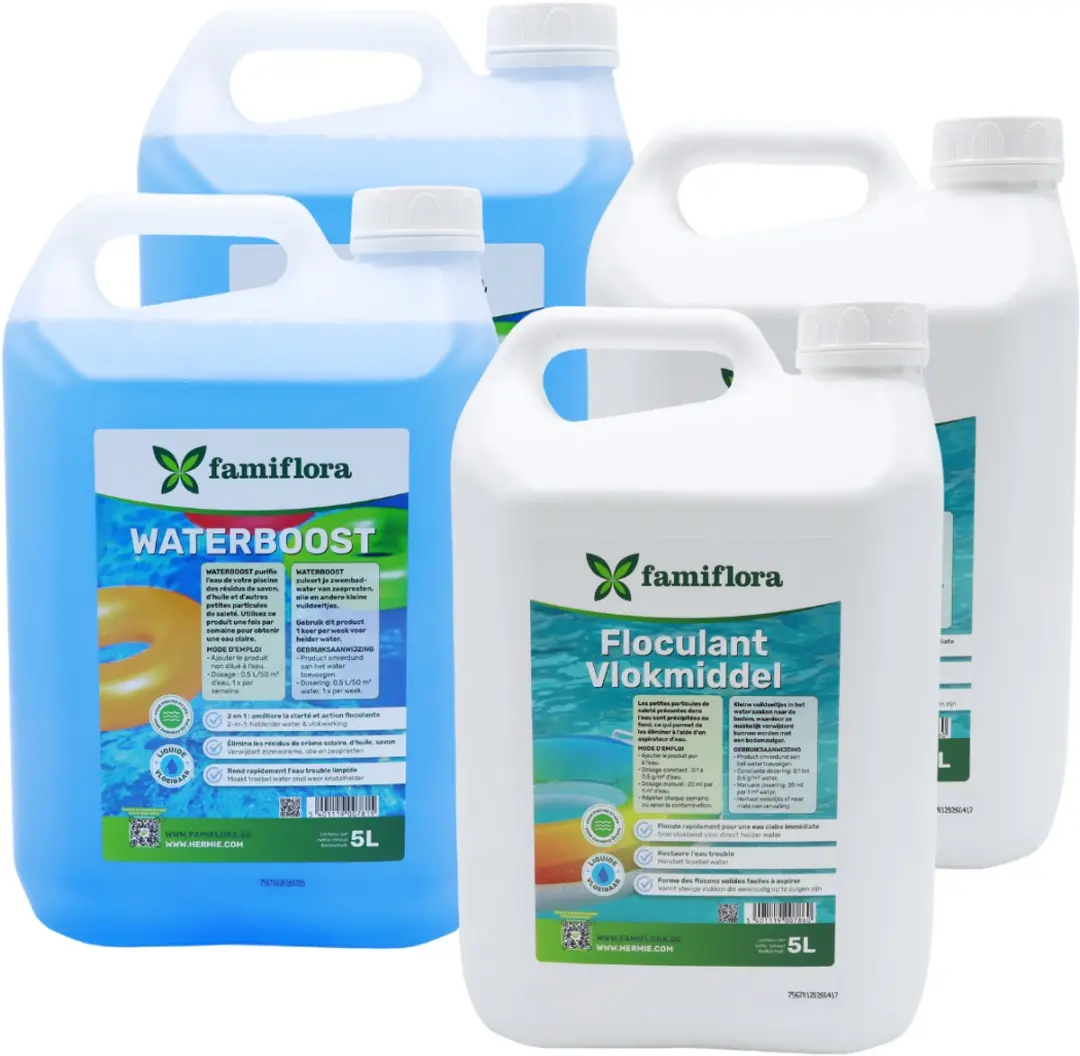 Famiflora helder zwembad pakket Waterboost 2x5L + Flocculant (vlokmiddel) 2x5L