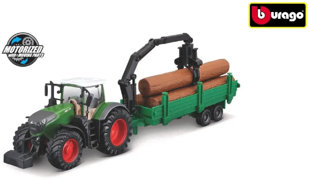 Bburago tractor speelgoed Fendt 1050 Vario bosbouwaanhanger frictie 10cm.