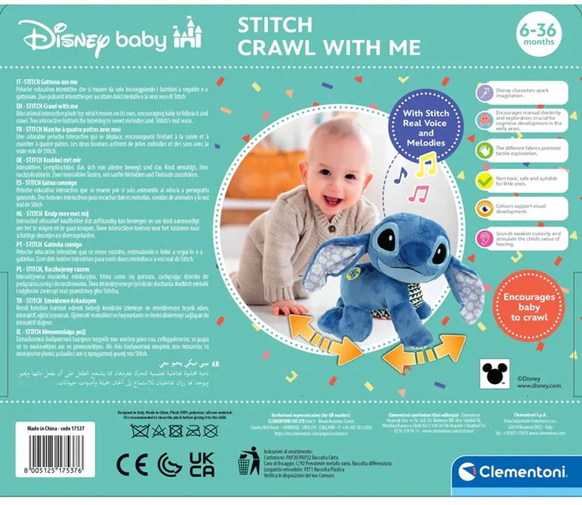 Clementoni Disney Stitch Interactieve Knuffel - Kruipen vanaf 6 maanden - Stitch
