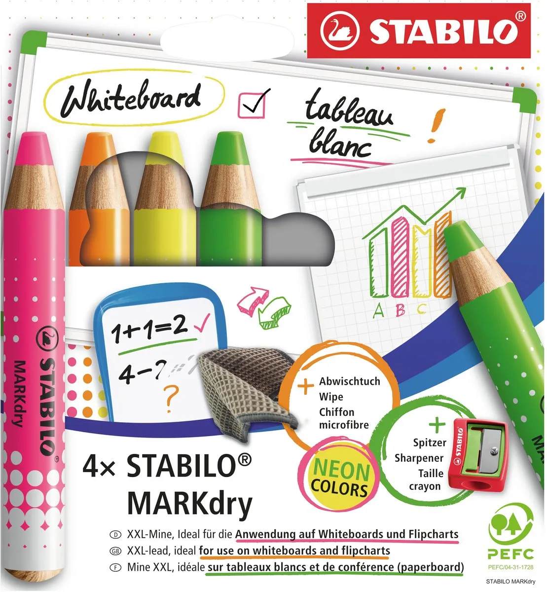 STABILO MARKdry Etui Neon - 4 Potloden - Met slijper & doekje