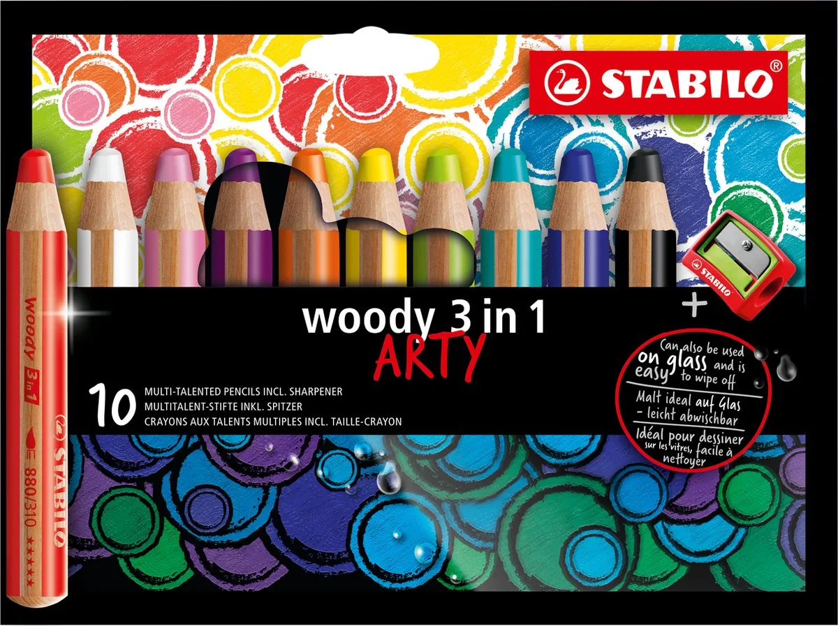 STABILO woody 3 in 1 - Multi Talent Kleurpotloden - ARTY - Etui Met 10 Kleuren & Puntenslijper