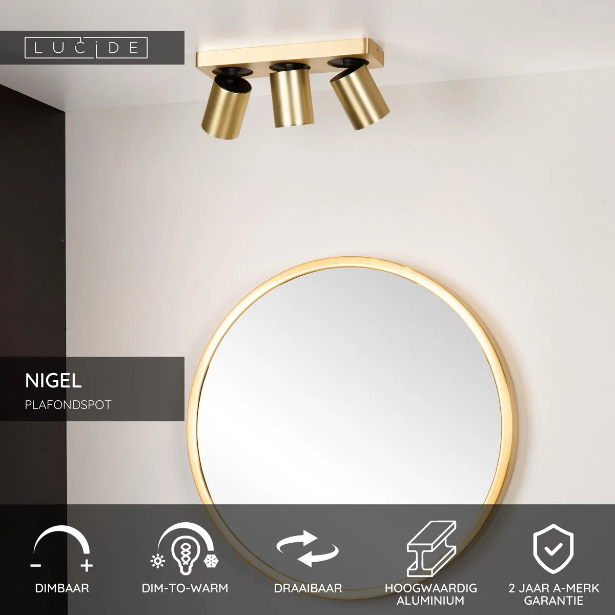 Lucide Nigel Plafondspot LED Dim-to-Warm GU10 - 3x5W 2200K/3000K - Mat Goud