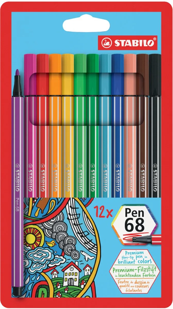STABILO Pen 68 Premium Viltstift - 12 Kleuren - 10 Stuks