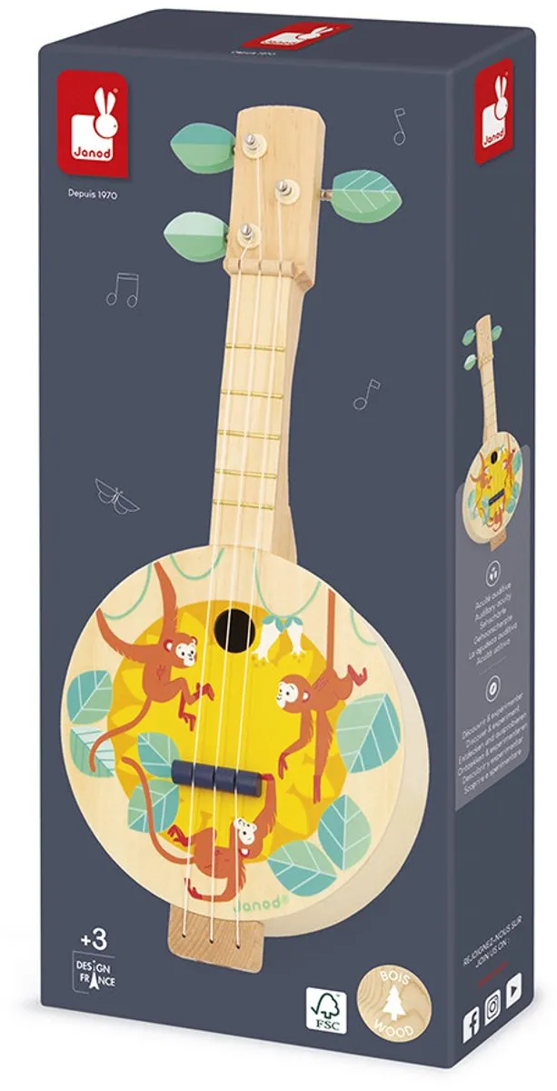 Janod Gioia Houten Jungle Banjo - 3 Extra Snaren - Multi Kleuren