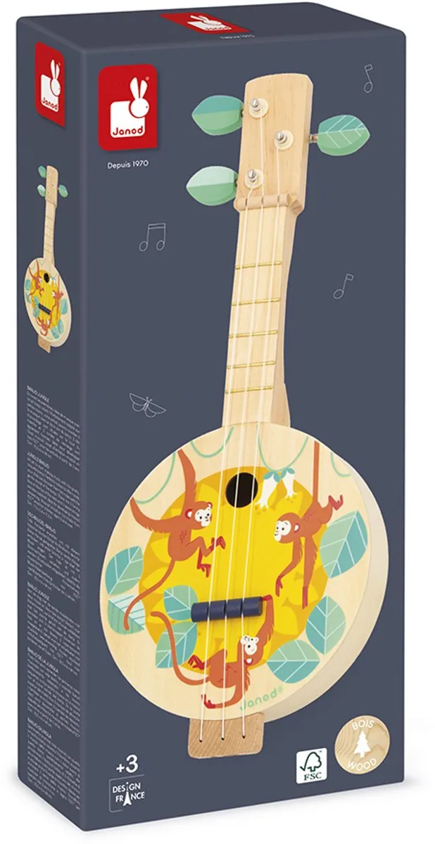 Janod Gioia Houten Jungle Banjo - 3 Extra Snaren - Multi Kleuren