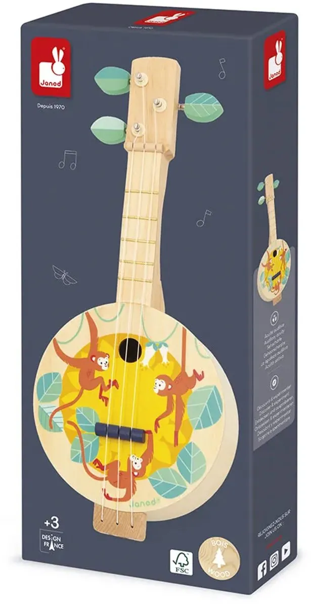 Janod Gioia Houten Jungle Banjo - 3 Extra Snaren - Multi Kleuren