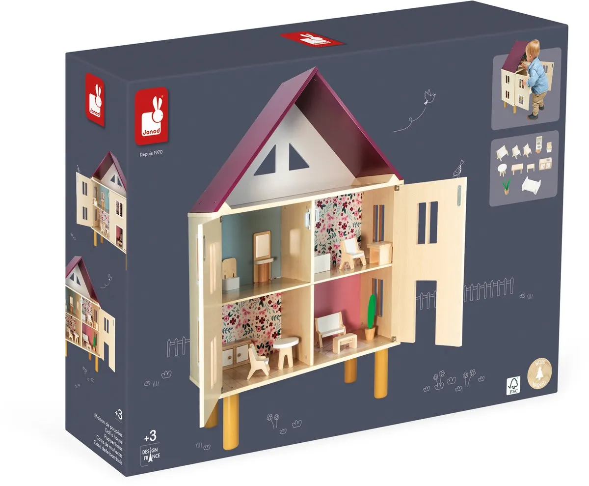 Janod Twist Houten Poppenhuis 3 Verdiepingen - 11 Meubels