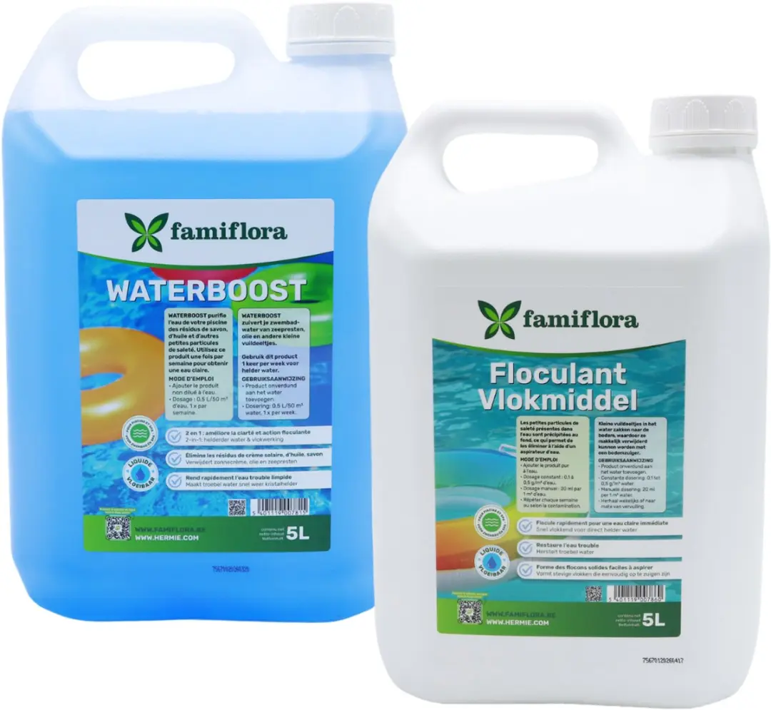 Famiflora helder zwembad pakket Waterboost 1x5L + Flocculant (vlokmiddel) 1x5L