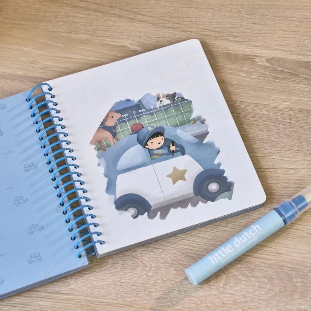 Little Dutch Jim Vehicles Watertekenboek - Blauw - 5 Herbruikbare Pagina's