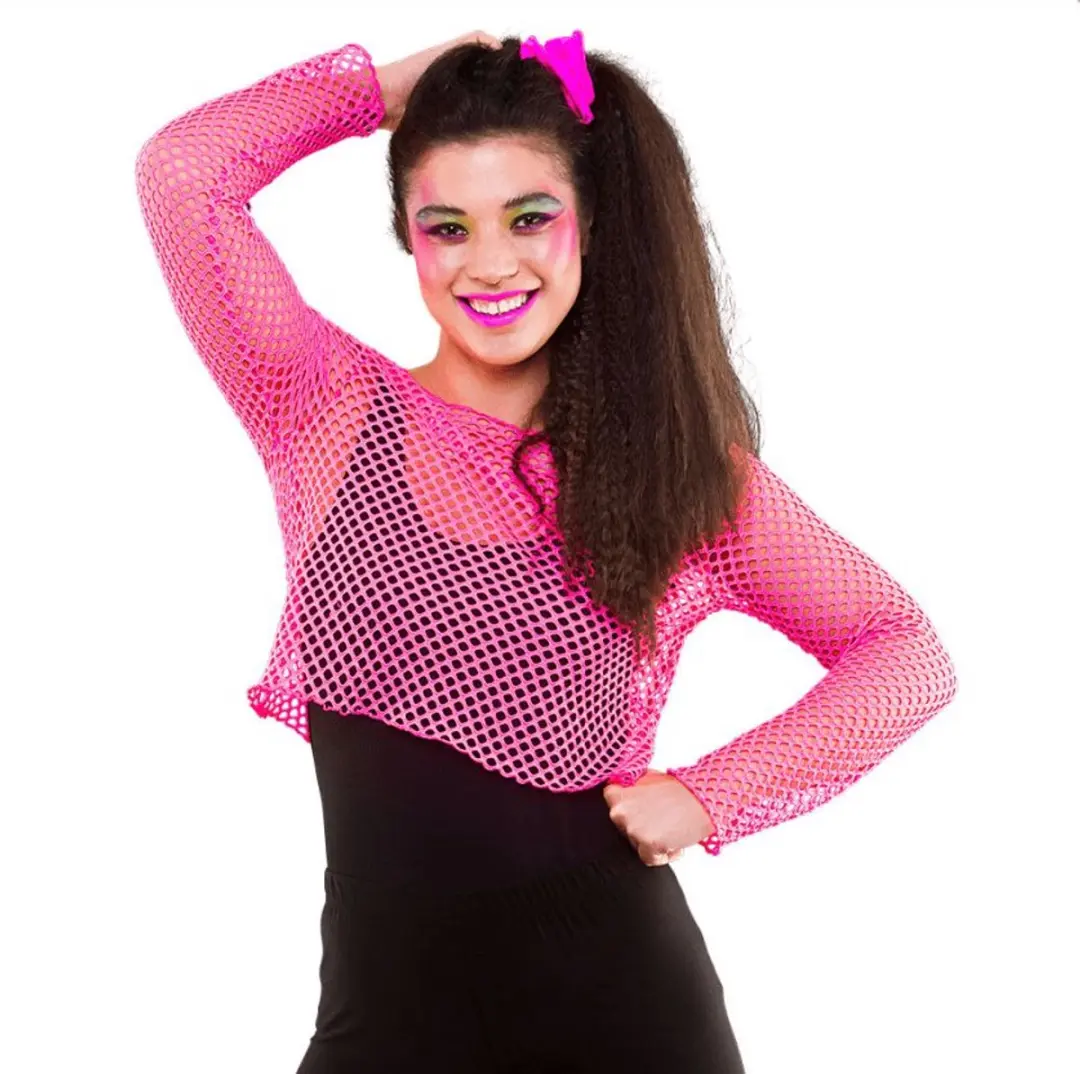 Visnet shirt Maud 80- jaren neon roze