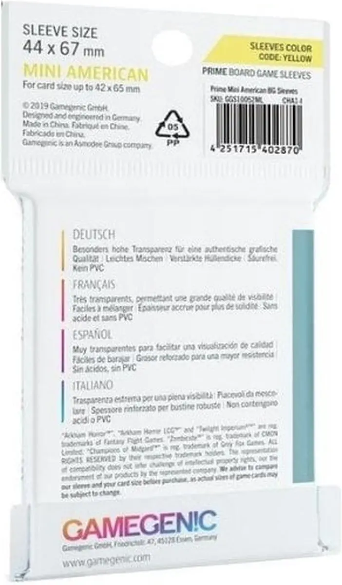 Gamegenic Mini American Card Game Prime Sleeves 50 Stuks - 44x67mm - Doorzichtig