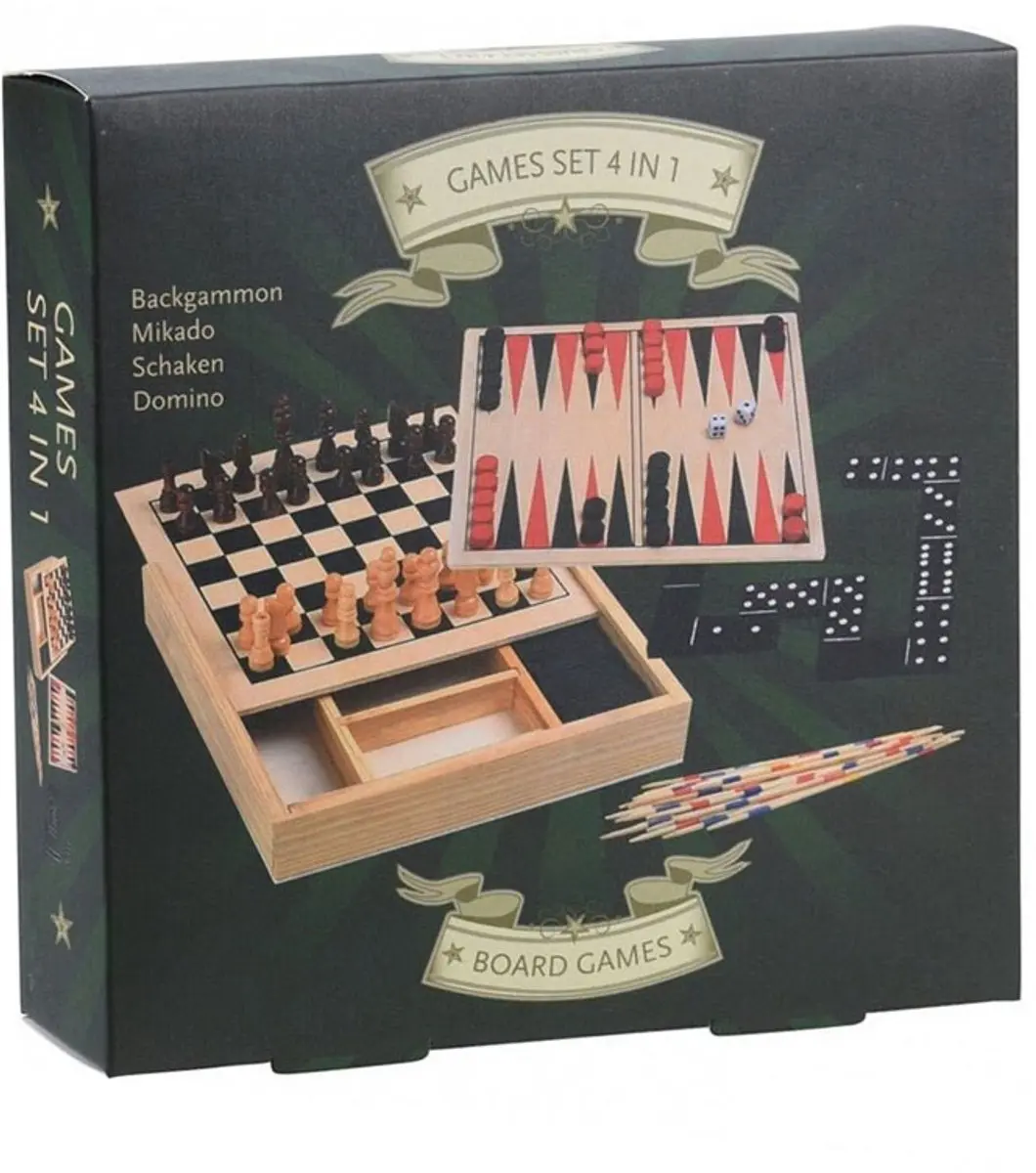 Houten Spellendoos 4 in 1 met schaken