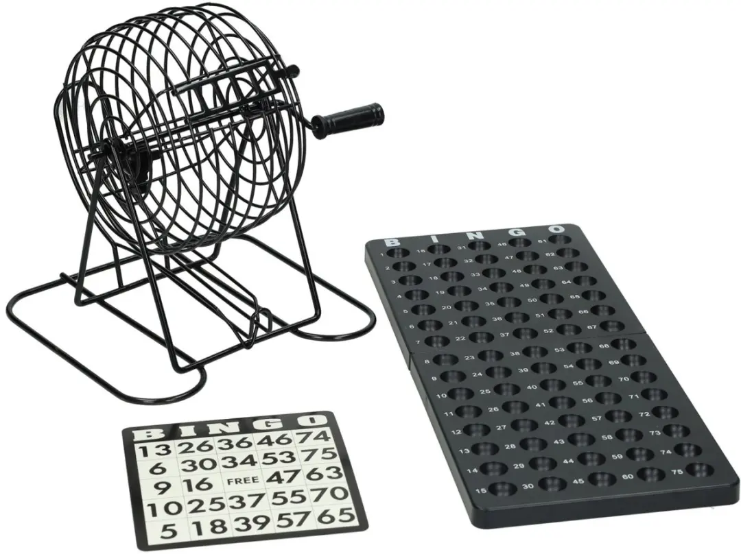 Zwarte Bingomolen met Speelbord Bingokaarten en Fiches.