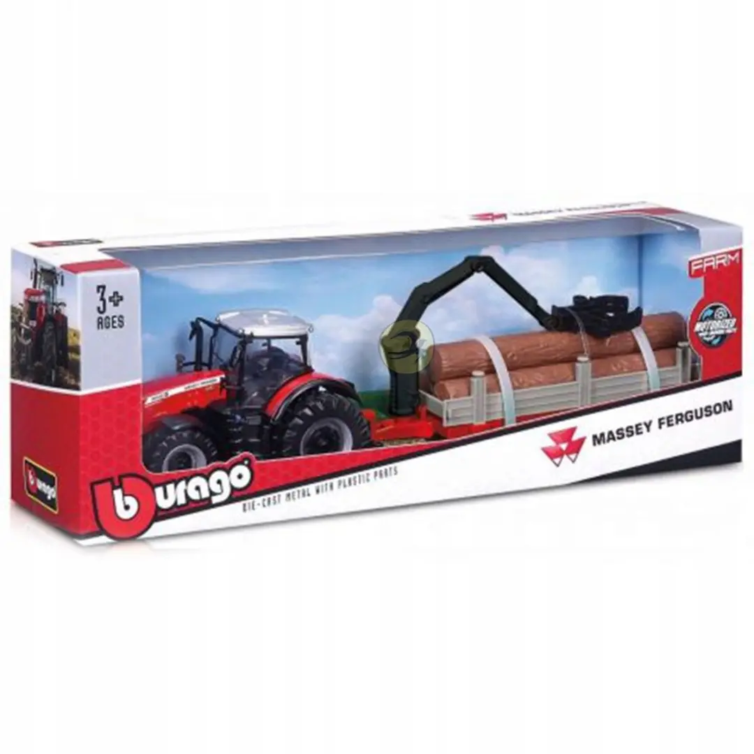 Bburago Massey Ferguson Traktor met Houtaanhanger - Metaal - Zwart/Rood - afbeelding 2 van 4