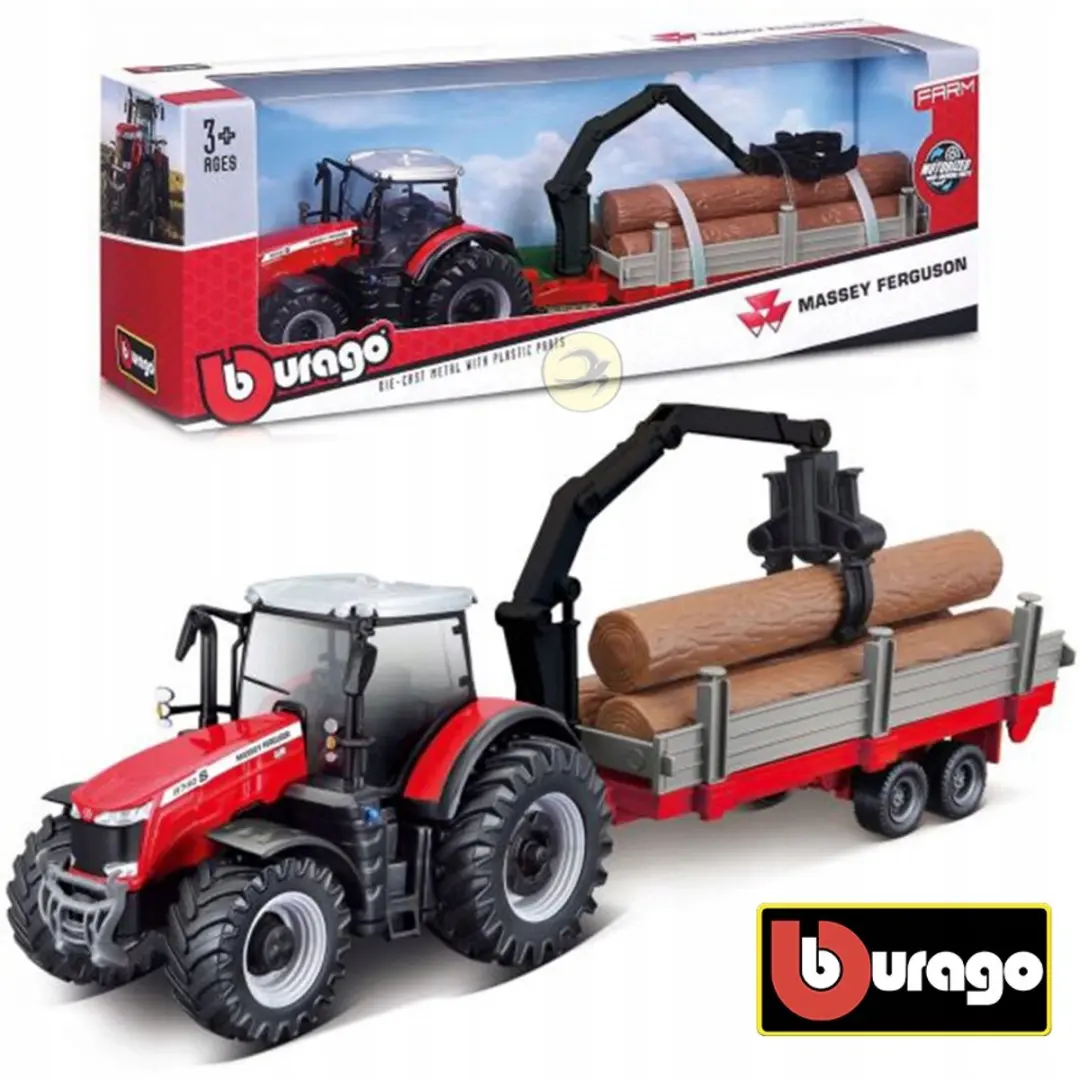 Bburago Massey Ferguson Traktor met Houtaanhanger - Metaal - Zwart/Rood - afbeelding 4 van 4