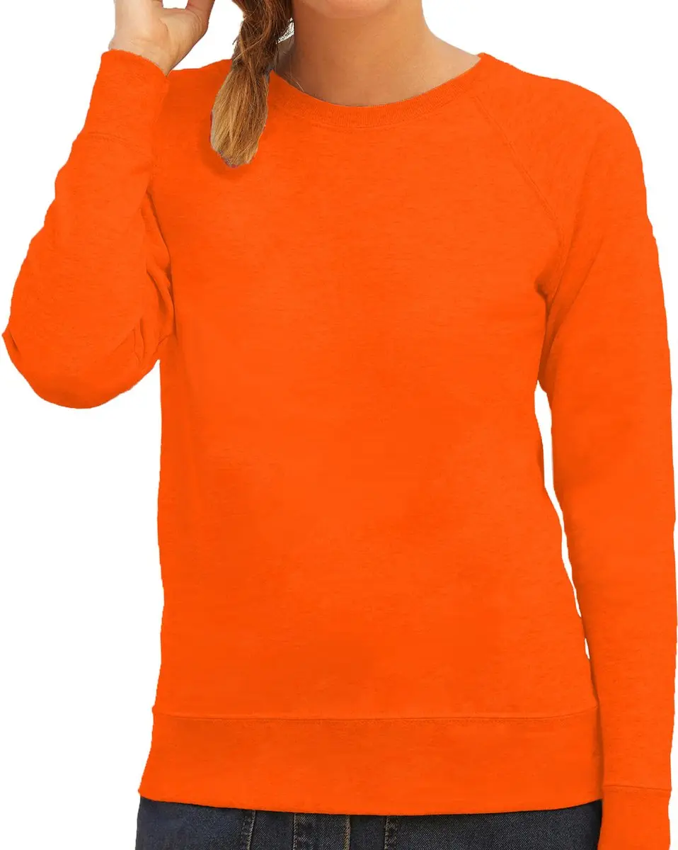 Oranje sweater / sweatshirt trui met raglan mouwen en ronde hals voor dames